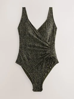 Khaki Green/Black Ruched Side Tummy Shaping Control Swimsuit