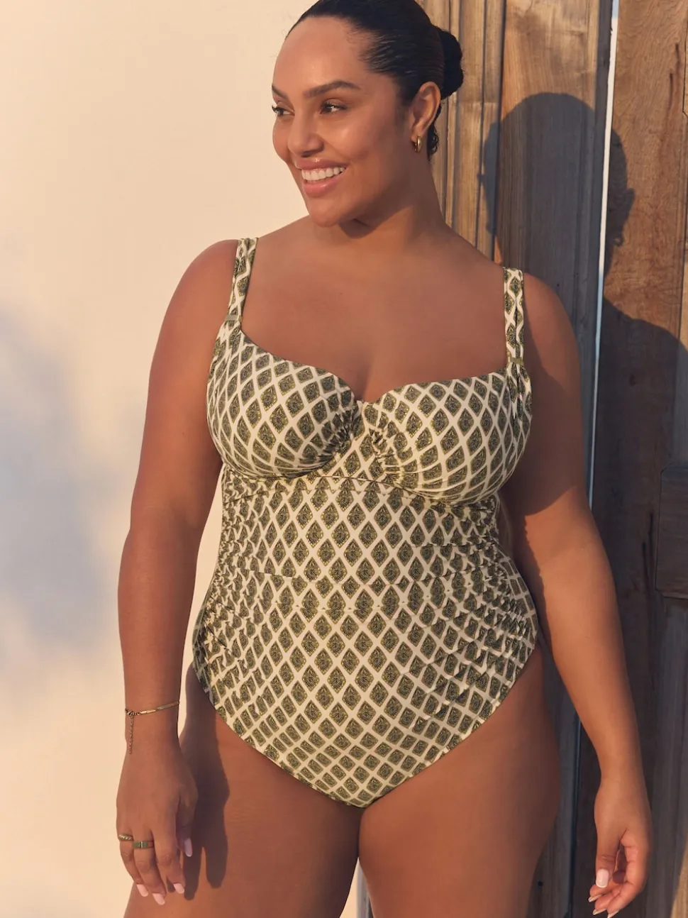 Khaki Green/Cream Foil Woodblock F-K Underwired Tummy Control Swimsuit