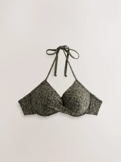 Khaki/Black Print Padded Wired Plunge Bikini Top