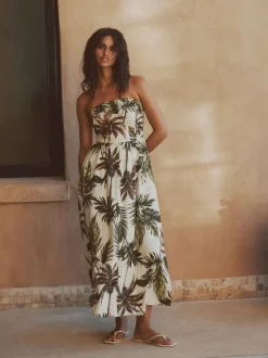 Khaki/Cream Palm Printed Ruched Bandeau Midi Dress with Linen