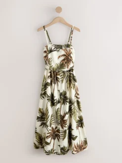 Khaki/Cream Palm Printed Ruched Bandeau Midi Dress with Linen