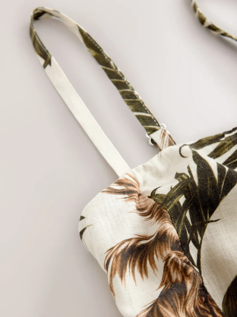 Khaki/Cream Palm Printed Ruched Bandeau Midi Dress with Linen