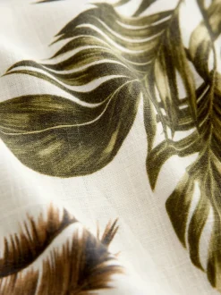Khaki/Cream Palm Printed Ruched Bandeau Midi Dress with Linen