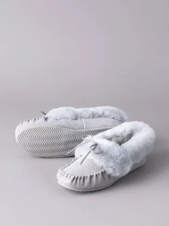 Lakeland Leather Light Grey Ladies Sheepskin Moccasin Slippers