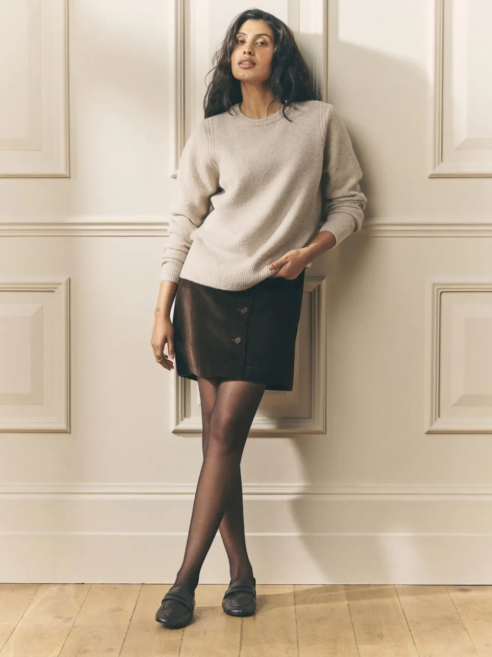 Laura Ashley Chocolate Brown Dogtooth Check Mini Skirt with Wool