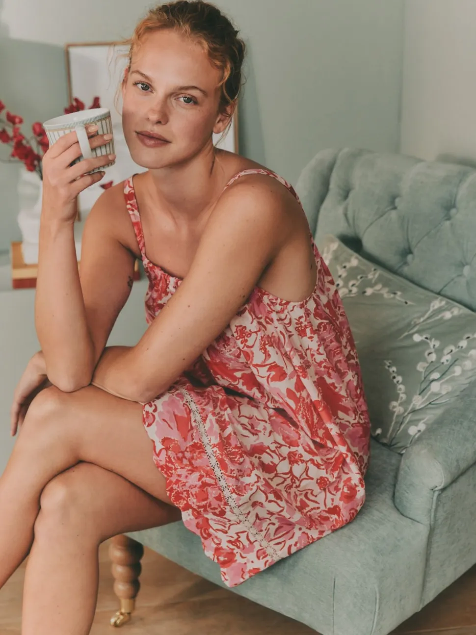 Laura Ashley Pink Peony Cotton Scalloped Slip Nightie