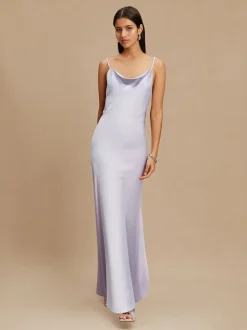 Lavender Purple Satin Cowl Neck Wedding Guest Bridesmaid Maxi Dress