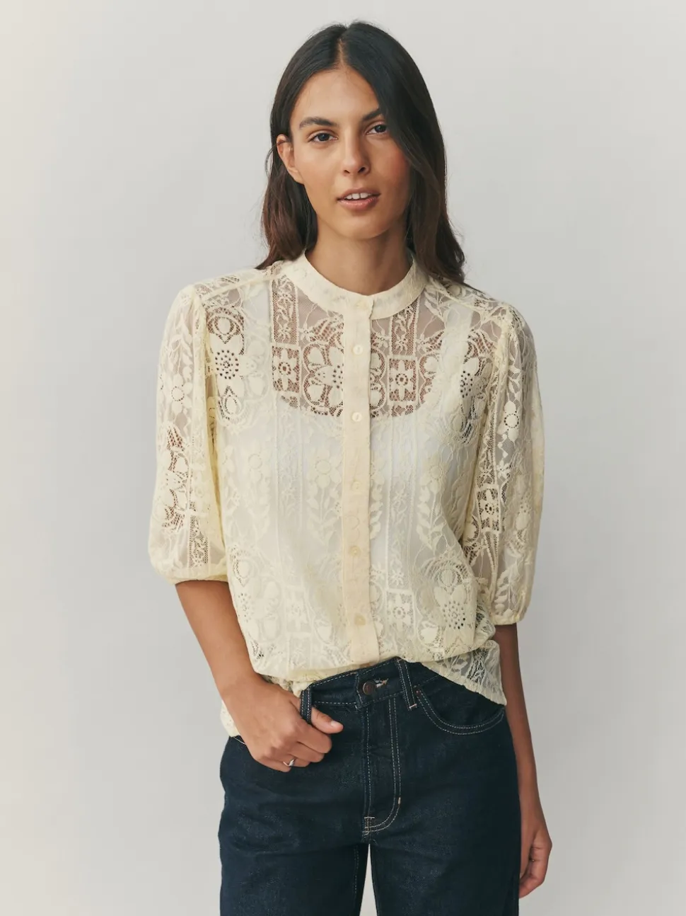 Lemon Yellow Lace Half Sleeve Blouse