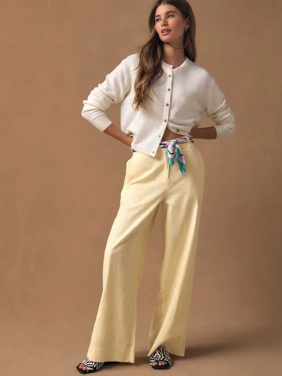 Lemon Yellow Smart Front Linen Blend Wide Leg Trousers