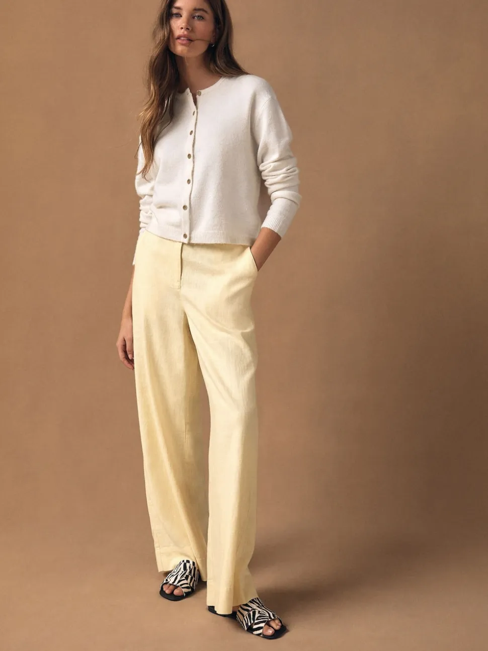 Lemon Yellow Smart Front Linen Blend Wide Leg Trousers