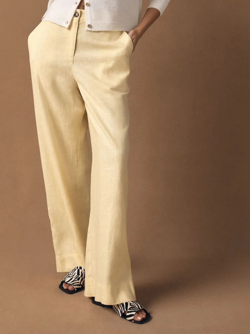 Lemon Yellow Smart Front Linen Blend Wide Leg Trousers