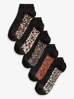 Leopard Footbed Trainers Socks 5 Pack