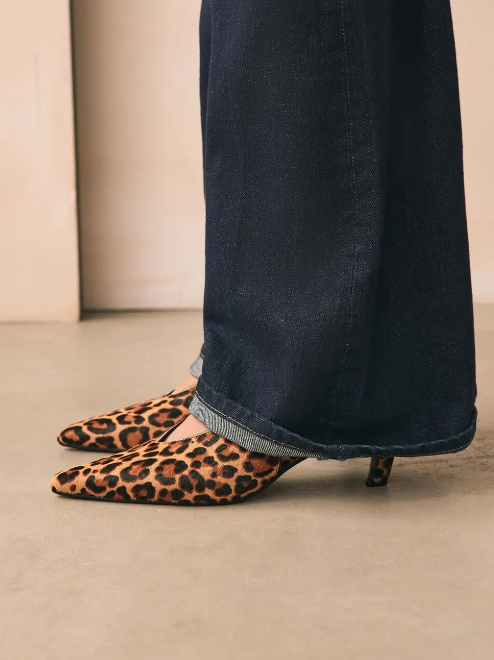 Leopard Leather Pointed Toe Slingback Heels