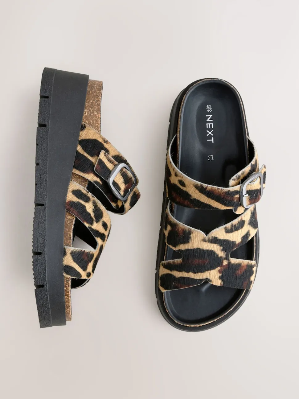 Leopard Print Leather Strap Buckle Detail Sandals