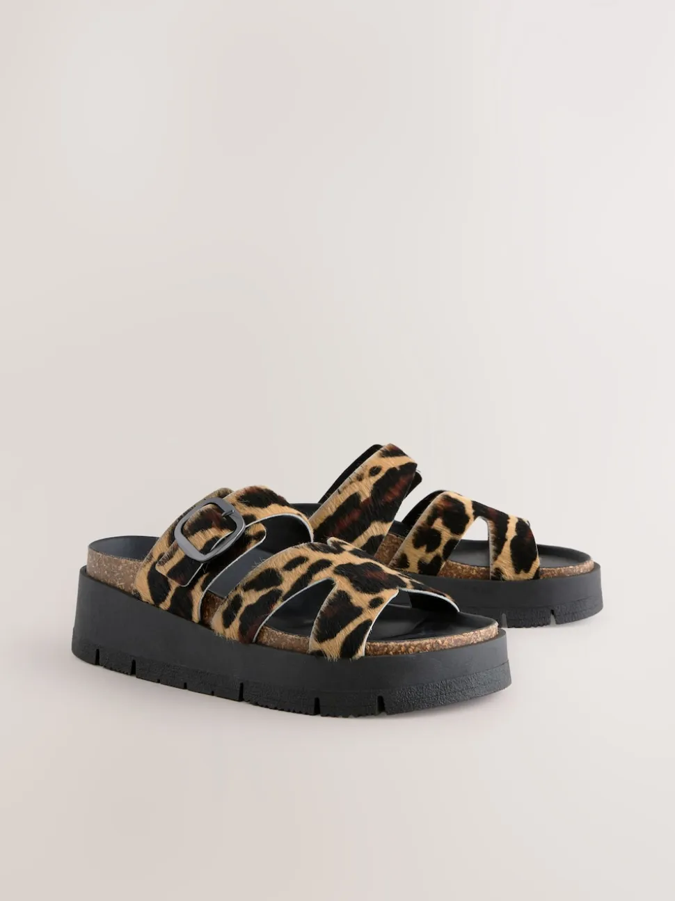 Leopard Print Leather Strap Buckle Detail Sandals