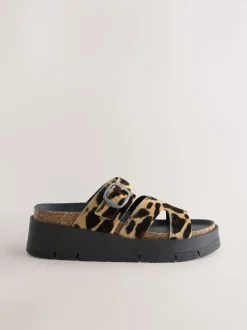 Leopard Print Leather Strap Buckle Detail Sandals