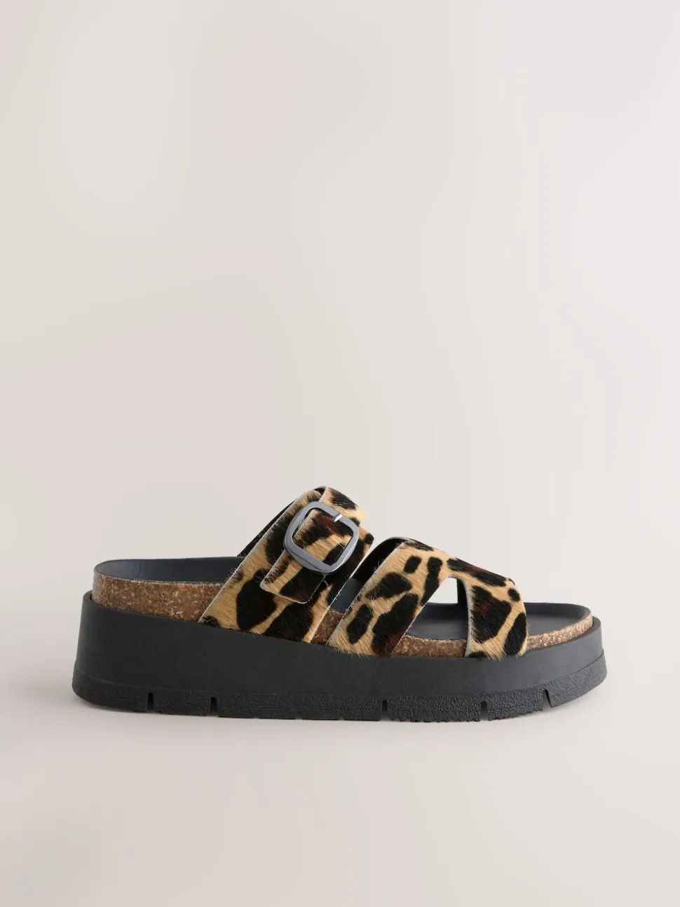 Leopard Print Leather Strap Buckle Detail Sandals