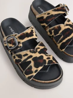 Leopard Print Leather Strap Buckle Detail Sandals