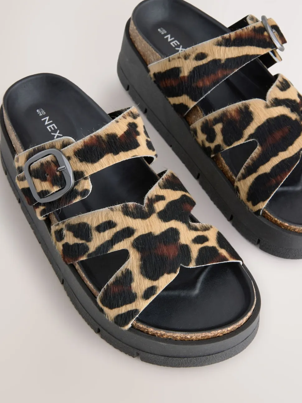 Leopard Print Leather Strap Buckle Detail Sandals