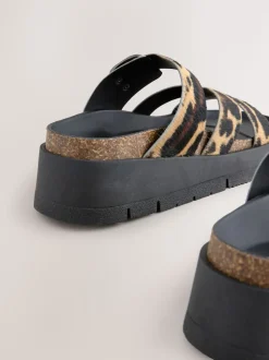 Leopard Print Leather Strap Buckle Detail Sandals