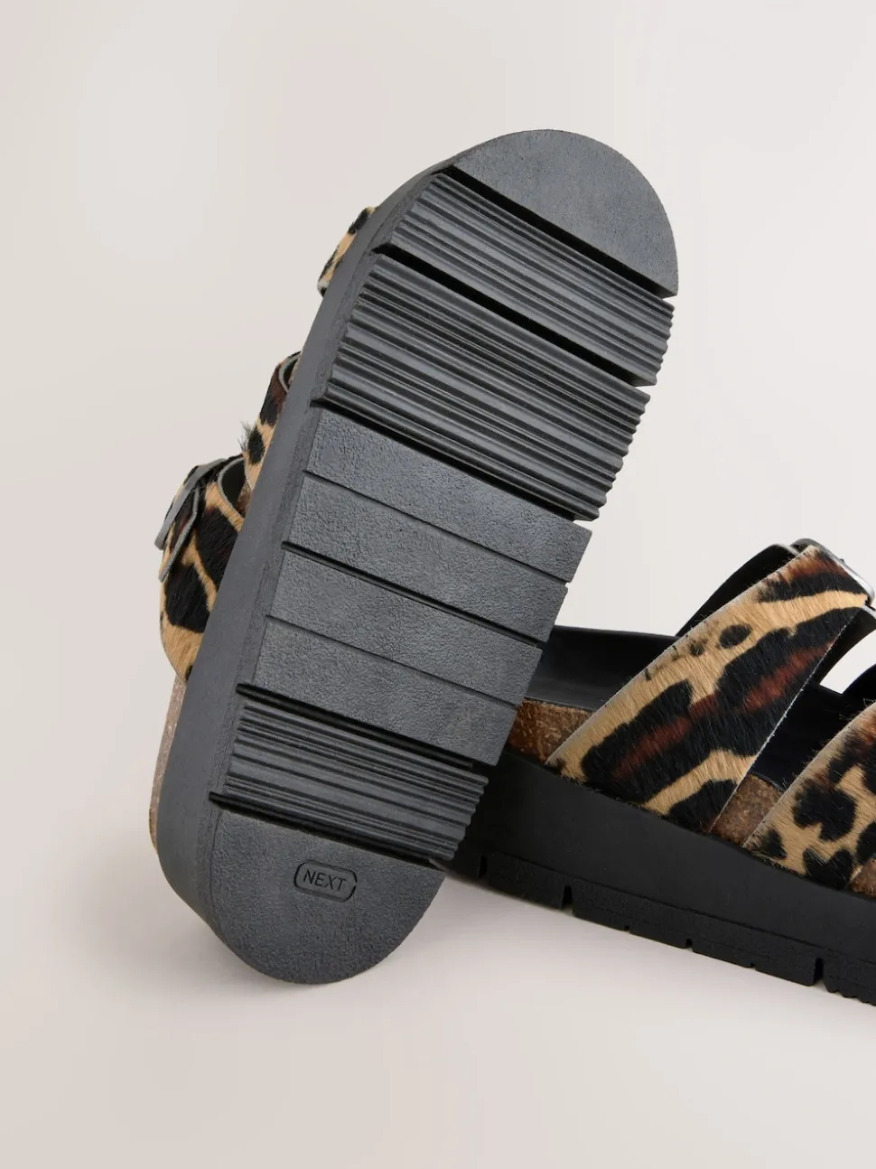 Leopard Print Leather Strap Buckle Detail Sandals