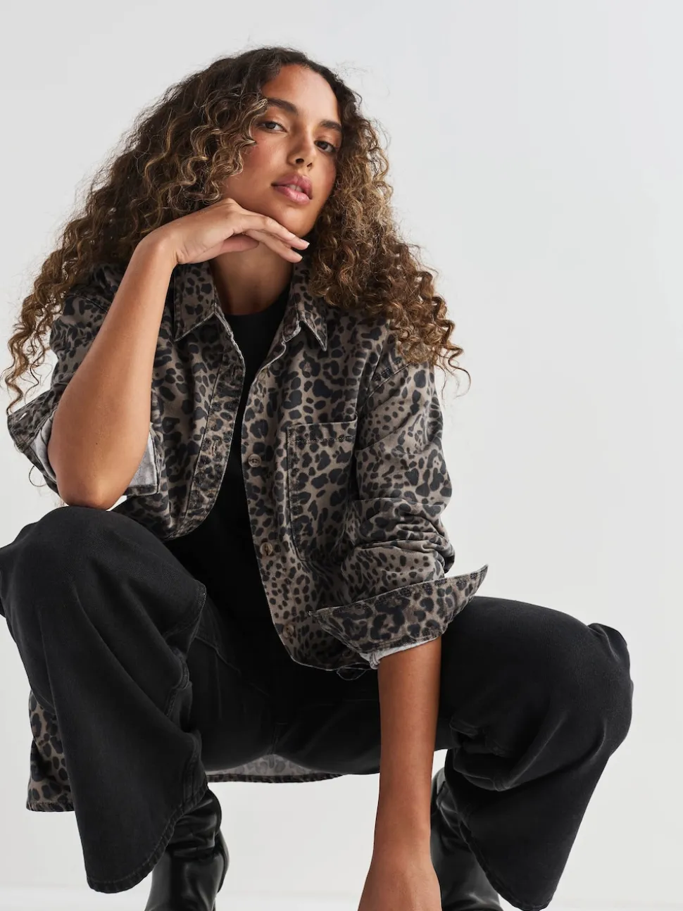 Leopard Print Oversize Denim Shirt