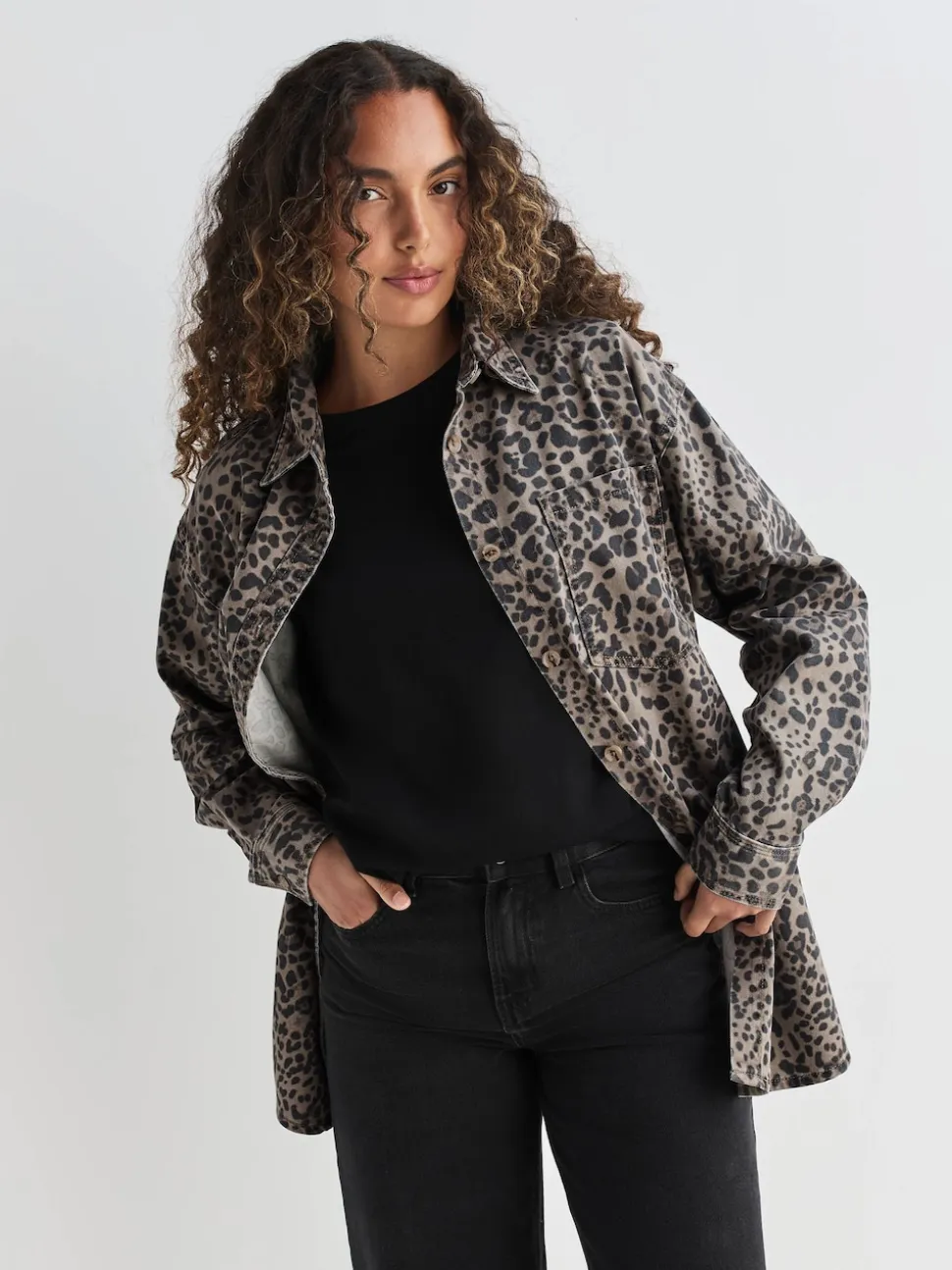 Leopard Print Oversize Denim Shirt