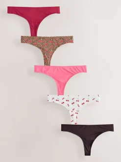 Leopard/Cherry Print Thong Microfibre Knickers 5 Pack
