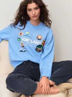 Light Blue Badge Embroidery Crew Neck Knitted Jumper with Wool