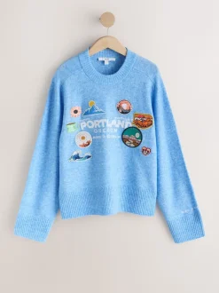 Light Blue Badge Embroidery Crew Neck Knitted Jumper with Wool