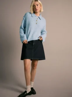 Light Blue Boucle Long Sleeve Polo Jumper