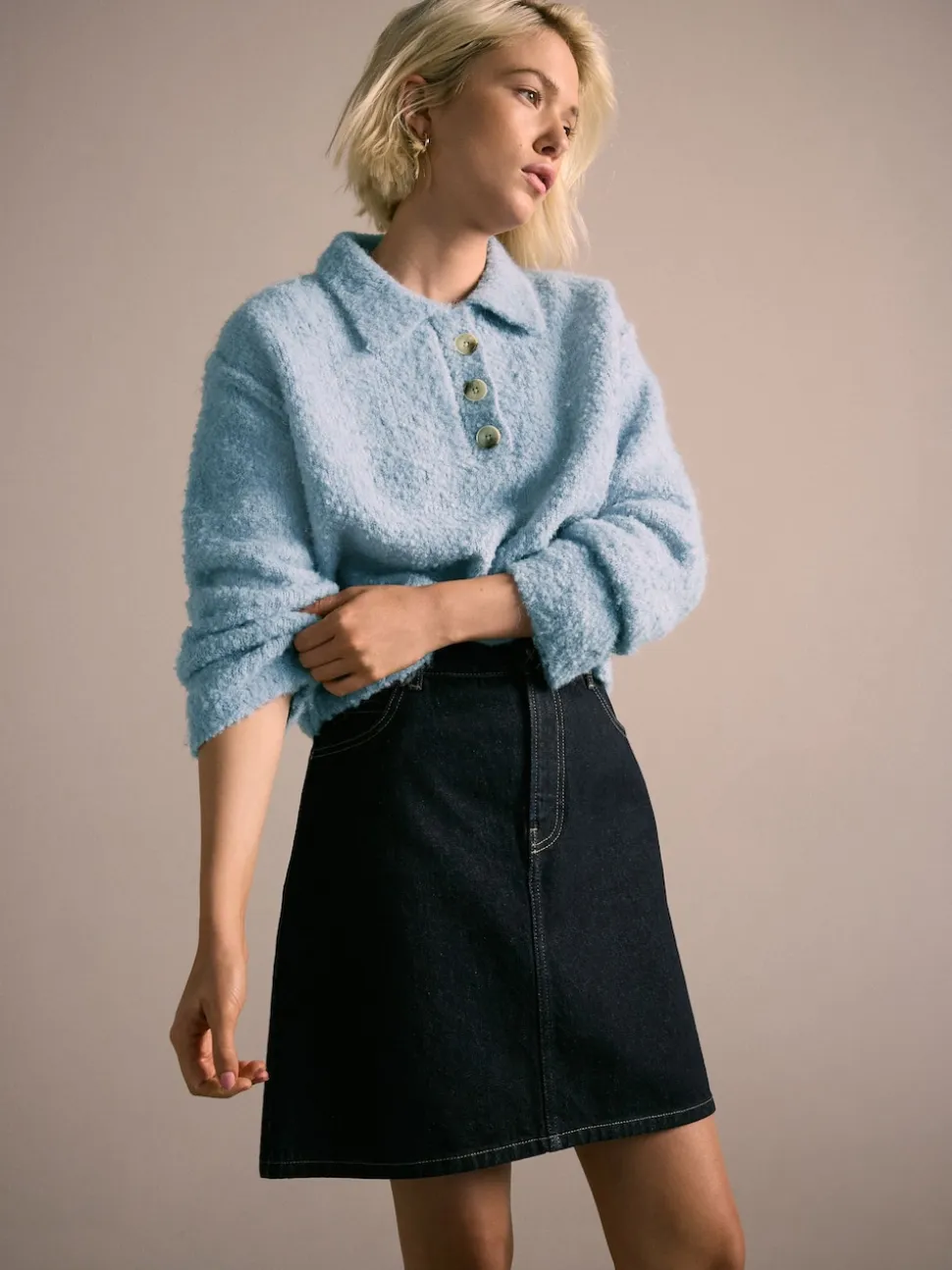 Light Blue Boucle Long Sleeve Polo Jumper