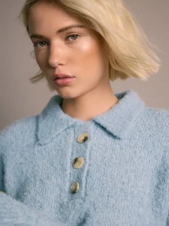 Light Blue Boucle Long Sleeve Polo Jumper