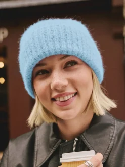 Light Blue Ribbed Beanie Containing Wool Hat