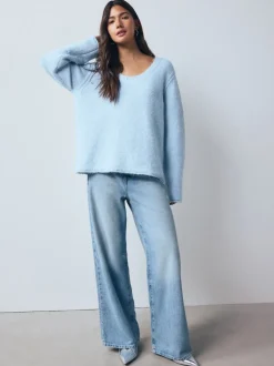 Light Blue Scoop Neck Jumper With Wool