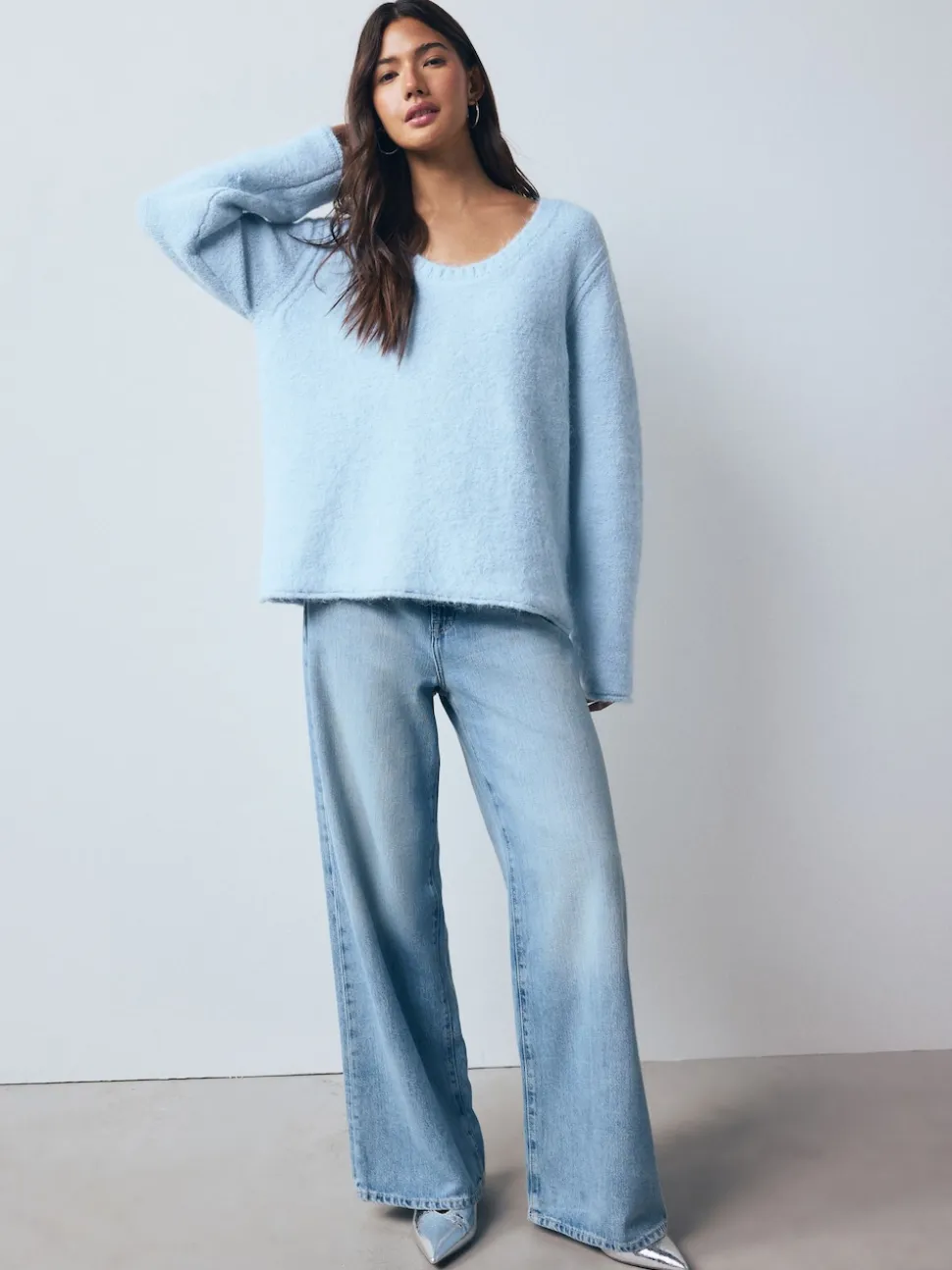 Light Blue Scoop Neck Jumper With Wool