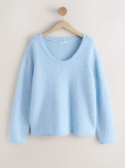Light Blue Scoop Neck Jumper With Wool