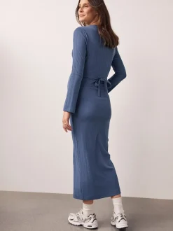 Light Blue Tie Back Ribbed V-Neck Dress