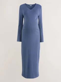 Light Blue Tie Back Ribbed V-Neck Dress