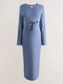 Light Blue Tie Back Ribbed V-Neck Dress