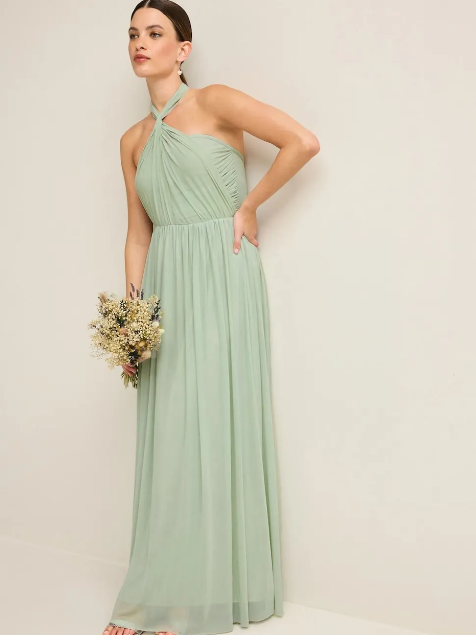 Light Sage Green Mesh Multiway Wedding Guest Bridesmaid Maxi Dress