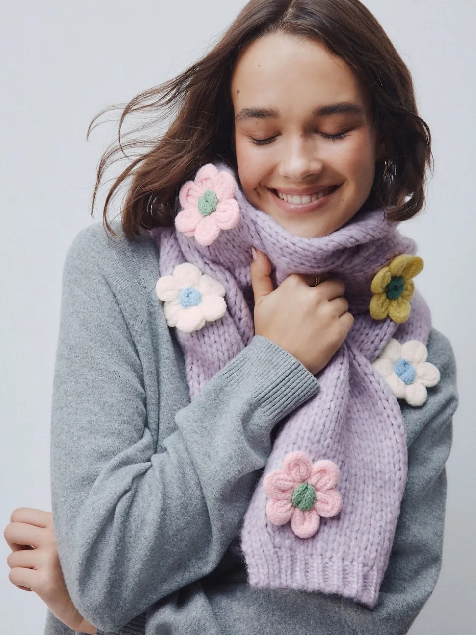 Lilac Flower Hand Knit Heavyweight Scarf