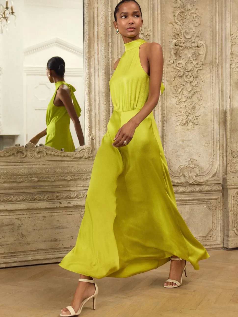 Lime Green Textured Satin Halter Sleeveless Midi Dress