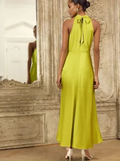 Lime Green Textured Satin Halter Sleeveless Midi Dress