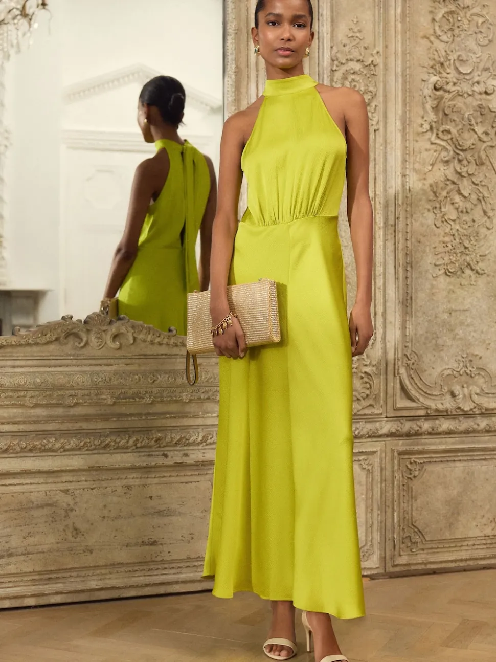 Lime Green Textured Satin Halter Sleeveless Midi Dress