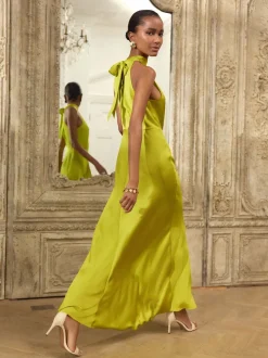 Lime Green Textured Satin Halter Sleeveless Midi Dress