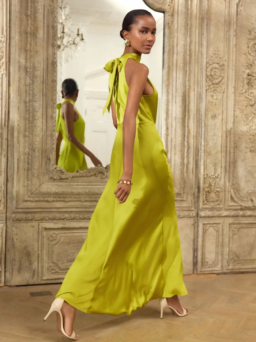 Lime Green Textured Satin Halter Sleeveless Midi Dress