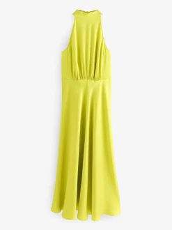 Lime Green Textured Satin Halter Sleeveless Midi Dress