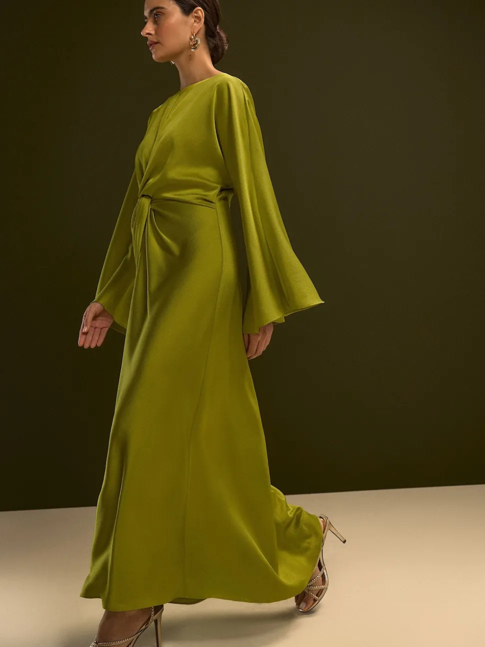 Lime Green Twist Front Long Sleeve Satin Maxi Dress