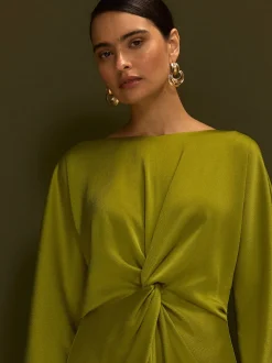 Lime Green Twist Front Long Sleeve Satin Maxi Dress